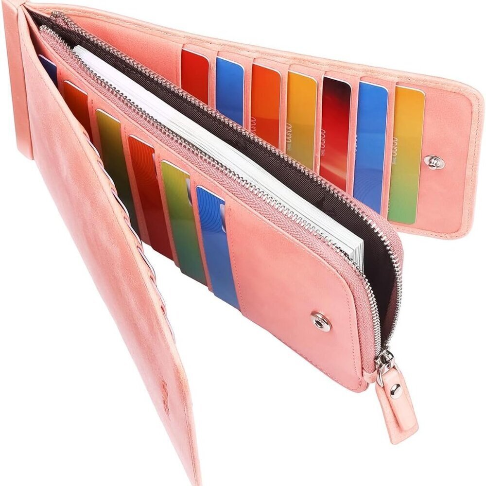 Leather RFID Bifold Wallet Women Large Capacity Card Holder with Zipper Pocket